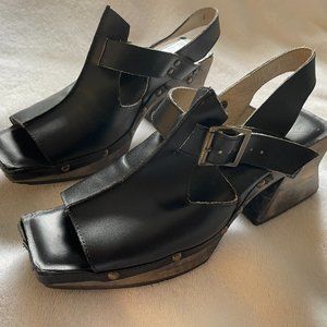 John Fluevog black and wood sandals
